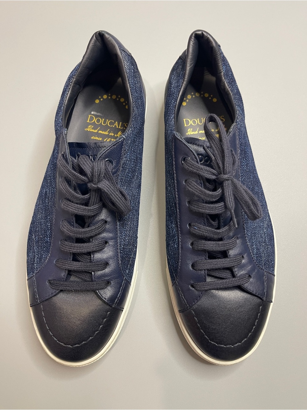 Doucal's Navy Leather & Denim Low-Top Sneakers